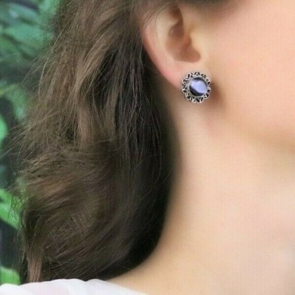 Sterling Silver Created Cats Eye Earrings Stud Post Earrings - Picture 2 of 8